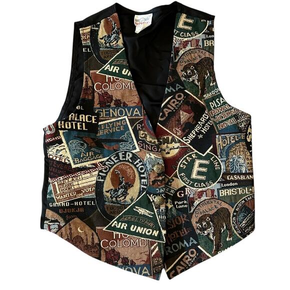 Vintage Tapestry Vest Size Medium Button Up Cities 90s Boho Cottage Grandma - Picture 1 of 8